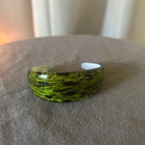 Green and goldstone hand blown glass cuff bracelet